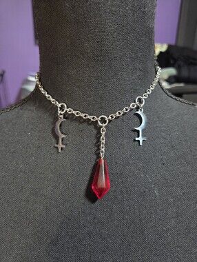 Goth Black Moon Cross Lilith Necklace Choker Red Silver Emo Punk Witch Nasty Gem